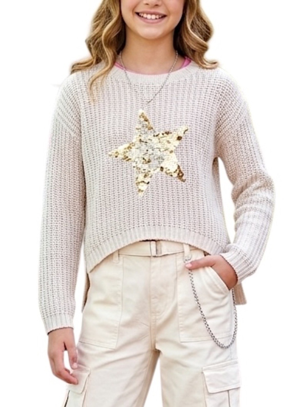 Isaac Mizrahi New York beige pink gold heart sequin flippy sweater M 10-12